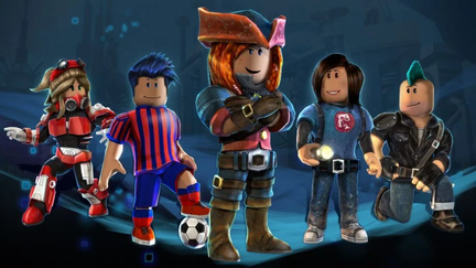 Roblox A3 kageprint med fem figurer, piratkaptajn, fodboldspiller, futuristisk helt og lommelygte