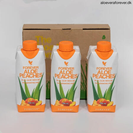 3 Aloe Peaches Aloe vera drikkegel fra Forever Living foran æsken