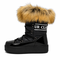 Sort vintersko med lakfinish og faux fur pelskant til damer