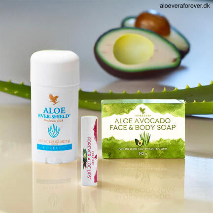 Aloe Lips, Aloe Ever-Shield Deo og Aloe Avocado Face & body Soap fra Forever Living