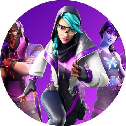 Rundt Fortnite sukkerprint med turkishåret heltinde og heltehold