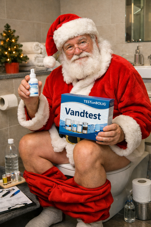 Julemanden er på potten og viser en vandtest