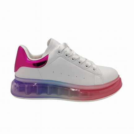 Hvid sneaker med metallisk pink hæl og transparent farvesål