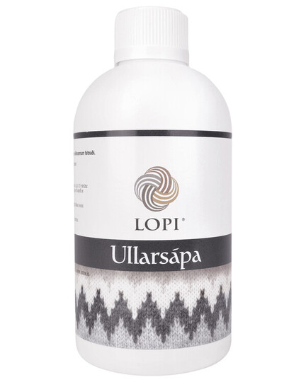 Flaske med Lopi Ullarsápa uldsæbe fra Istex – flydende sæbe til skånsom vask af islandsk uld.