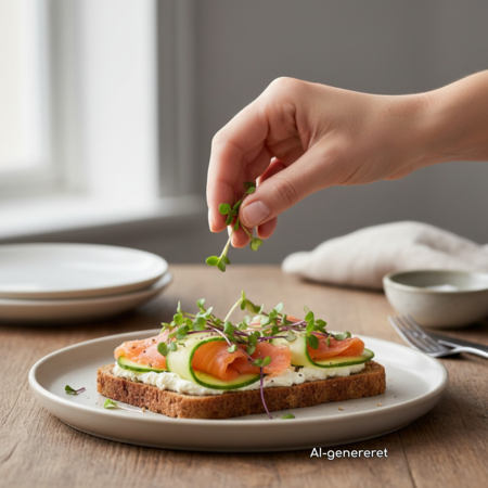 Glaskålrabi-mikrogrønt drysses over et åbent smørrebrød