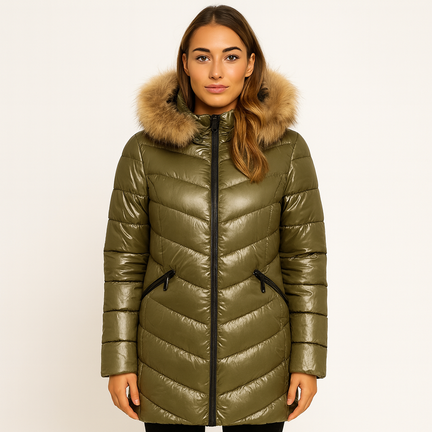 Olivengrøn dame vinterjakke med pelskrave og skrå syninger
