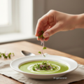 Radise Red Coral mikrogrønt drysses over en grøn suppe