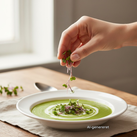 Radise Red Coral mikrogrønt drysses over en grøn suppe