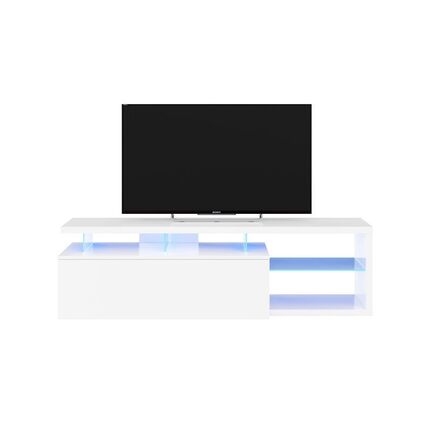 En moderne hvid tv-stander med et fladskærms-tv på toppen. Standeren har et slankt design med LED-belysning, inklusive blå accenter under en glashylde og i åbne rum på højre side.