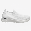 Hvid slip-on damesko med strikket overdel og sølv hældetalje