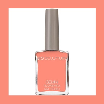GEMINI vegansk neglelak i farven Coral Cluster – koral orange farve med plejende planteekstrakter og UV-beskyttelse.