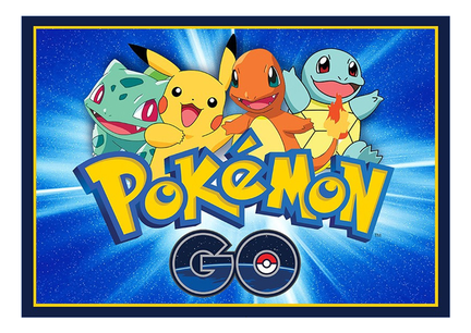 Pokémon GO sukkerprint med Pikachu, Bulbasaur, Charmander og Squirtle på blå baggrund til kage.