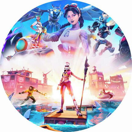 Rundt Fortnite sukkerprint med neonfest og dansende helte