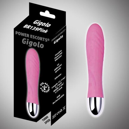 Power Escorts Gigolo BR139 Pink – realistisk silikone dildo med 10 vibrationshastigheder, 17,2 cm lang, 3 cm bred, USB-genopladelig og med kraftig sugekop.