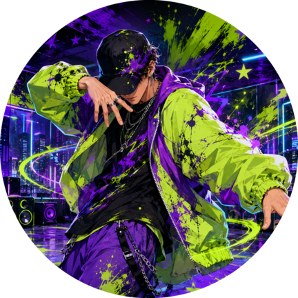 Rundt K-pop sukkerprint med neongrøn streetdanser, lilla graffiti og bylys