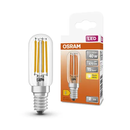 Kraftig Osram T26 rørpære med 470 lumen og E14 fatning – kompakt og stærk LED-pære til læselamper fra BigOutlet.
