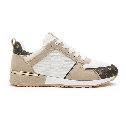 Beige og hvid damesneaker med gyldne detaljer og monogrammønster