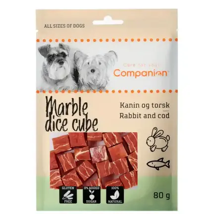 Lækre Companion Marble Dice Cube Med Kanin & Torsk | 80 gram i smart genluk pose