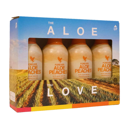 Sampak med 4 stk. Forever Aloe Peaches Aloe vera juice drik