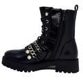 Sort dame combat boot i kunstlæder med spænder, kæde og perle dekorationer