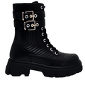 Sort combat-boot til dame med snørebånd og to spænder, på kraftig sål