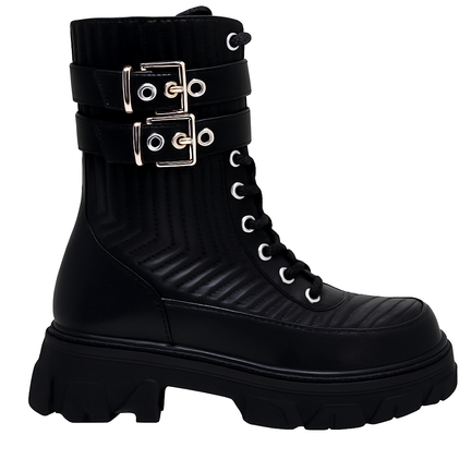 Sort combat-boot til dame med snørebånd og to spænder, på kraftig sål