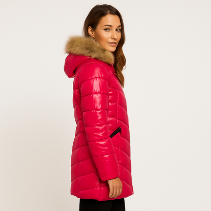 Pink dame vinterjakke med pelskrave og let skinnende materiale