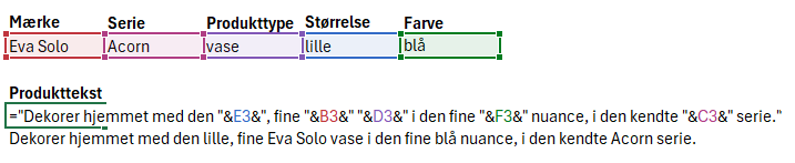 Sådan skrives tekster i Excel formel
