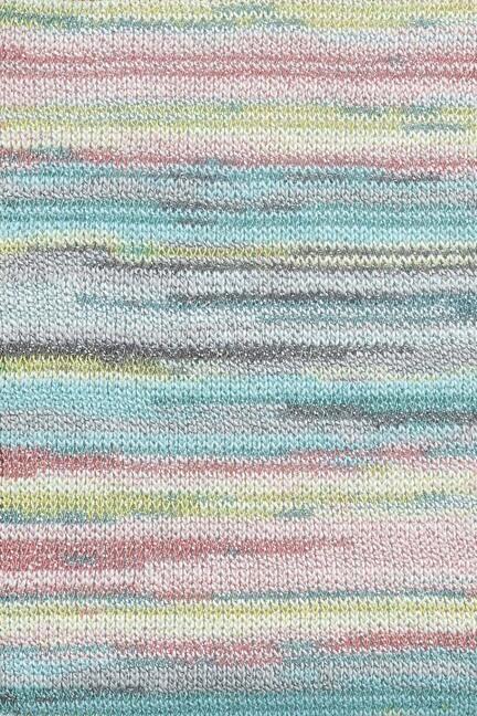 Close up af garnnøgle fra Lang Yarns i kvaliteten fiesta farve 04 lagoon blush flerfarvet garn