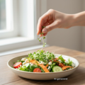 Raps-mikrogrønt drysses over en farverig salat