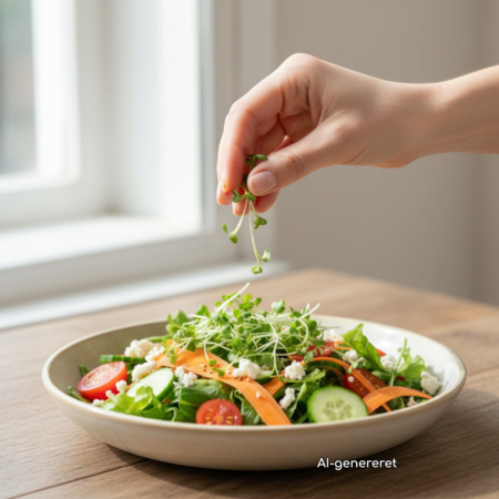 Raps-mikrogrønt drysses over en farverig salat