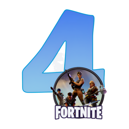 Rundt Fortnite sukkerprint med blåt 4-tal og heltegruppe