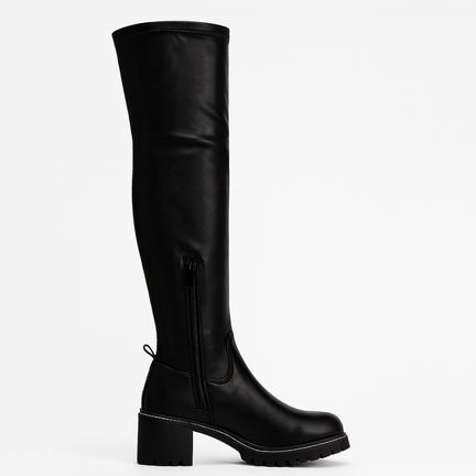 Sort overknee støvle med blokhæl til kvinder – tætsiddende lang model i læderlook