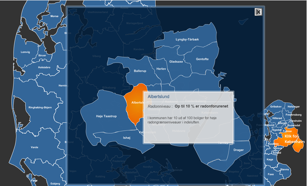 Billedet viser hvor meget radon der er i indeklimaet i boliger i Albertslund kommune