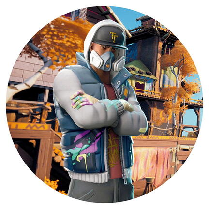 Rundt Fortnite sukkerprint med astronaut foran et træfort