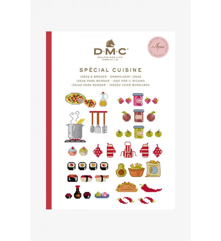 forside paa bog fra dmc med broderimoenstre med koekken og mad tema