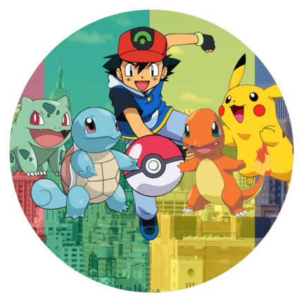 Pokémon-inspireret rundt kageprint med farverigt storby motiv
