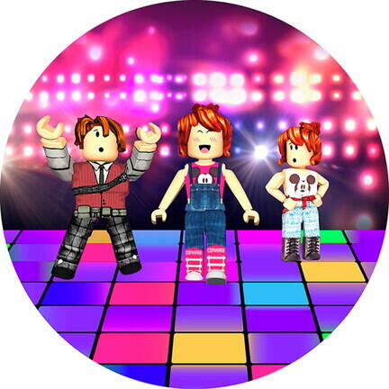 Rundt Roblox kageprint med tre figurer på farverigt dansegulv og diskolys
