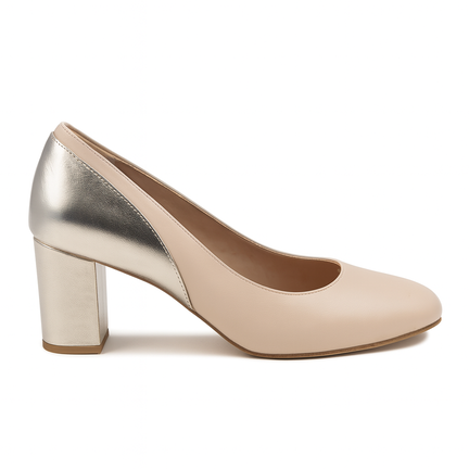 Nude pumps med sølvhæl og blokhæl – damesko i store størrelser