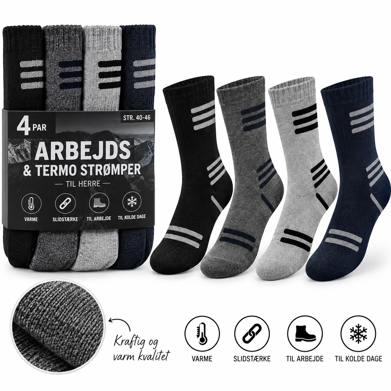 Herre Arbejds- & Termostrømper 4 par - Antracit - Lysgrå - Navy - Grå, 40-43