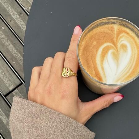 Model wearing Edge ring made of 925 pure sterling silver plated with 18 carat gold plating with red zirconia.