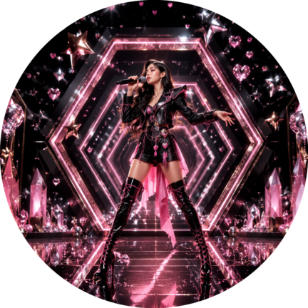 Rundt K-pop sukkerprint med pink solodanser i sort geometrisk neontunnel