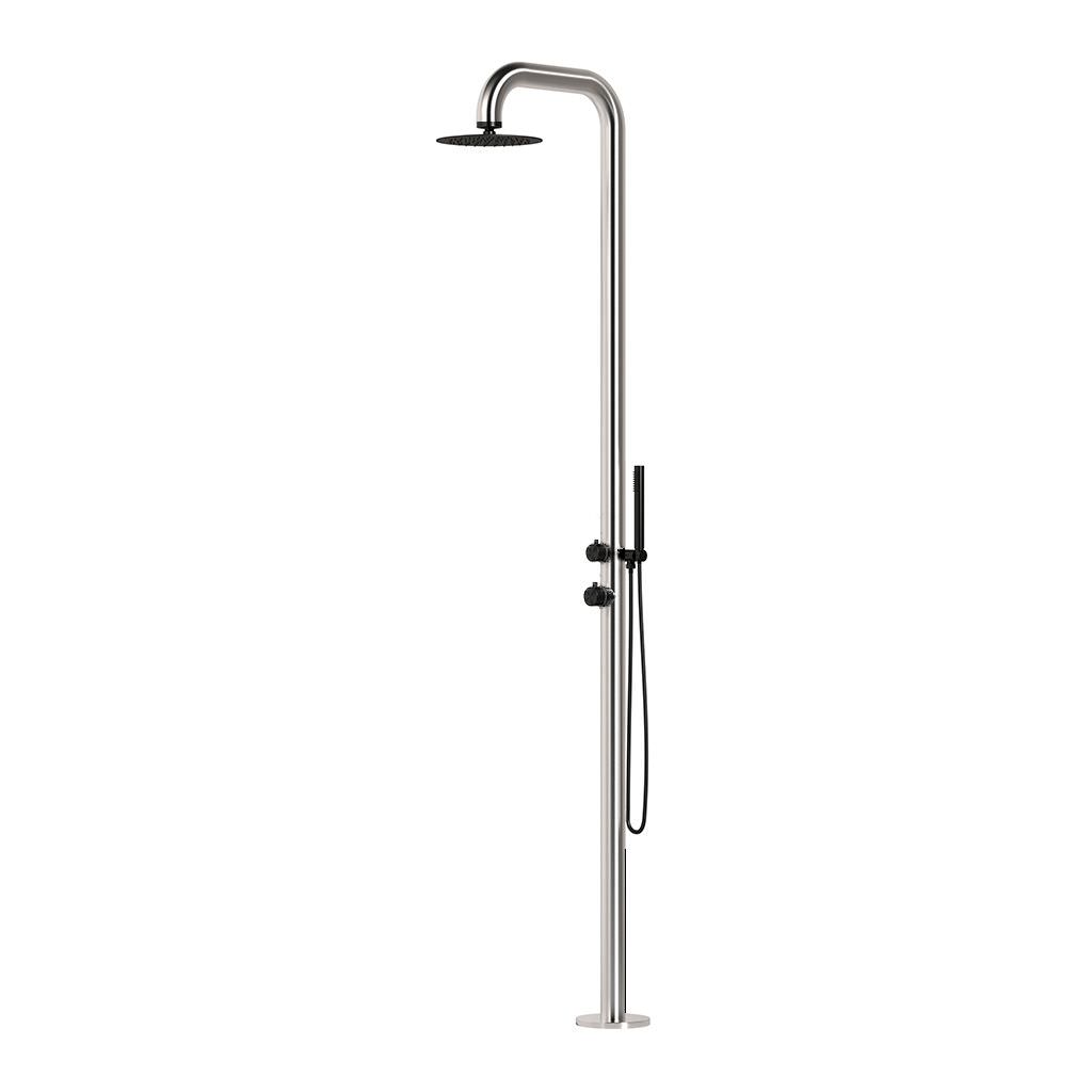 Sined PULA DUO INOX NERA – Freistehende Außendusche aus AISI 316L Edelstahl – Edelstahl/Schwarz – Handbrause – Warm- und Kaltwasser