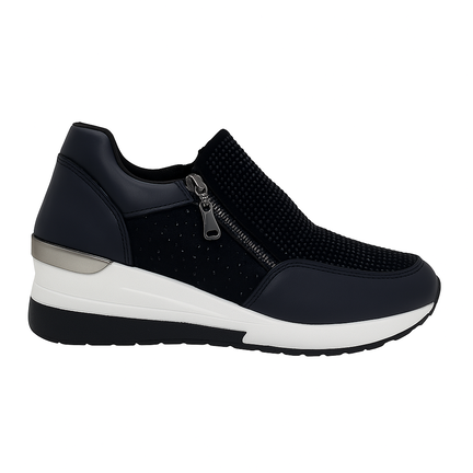 Sort dame sneaker med rhinsten, kilehæl og lynlås