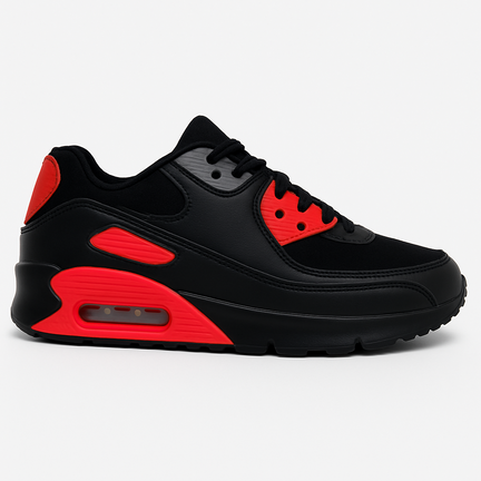 Herre sneaker sort og rød med air-sål set fra siden
