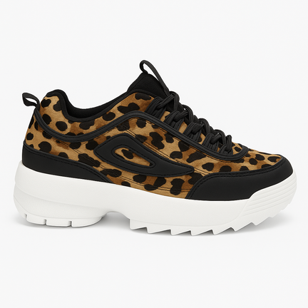 Chunky damesneaker i leopardmønster med sorte detaljer og hvid sål