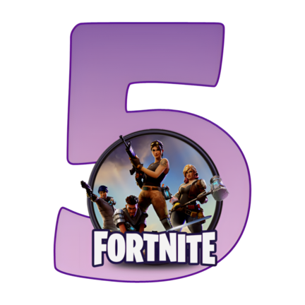 Rundt Fortnite sukkerprint med lilla 5-tal og heltegruppe