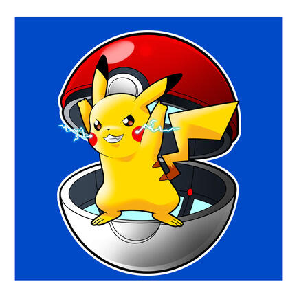 Kvadratisk Pokémon-inspireret kageprint med Pikachu og stor Pokéball på blå baggrund