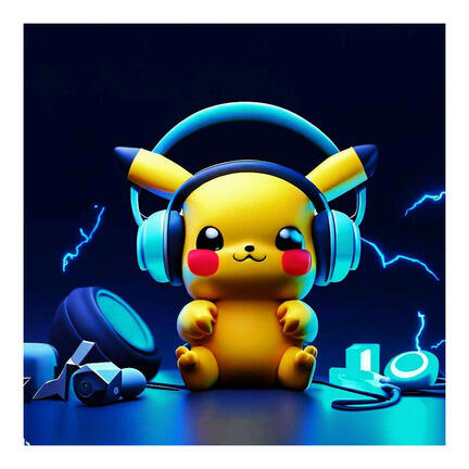 Kvadratisk Pokémon-inspireret kageprint med Pikachu, gamer-headset og blå neon