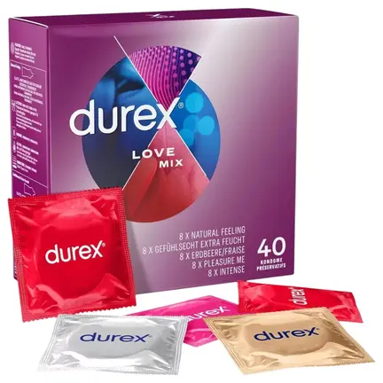 Durex Love Mix – pakke med 40 blandede latexkondomer i flere varianter